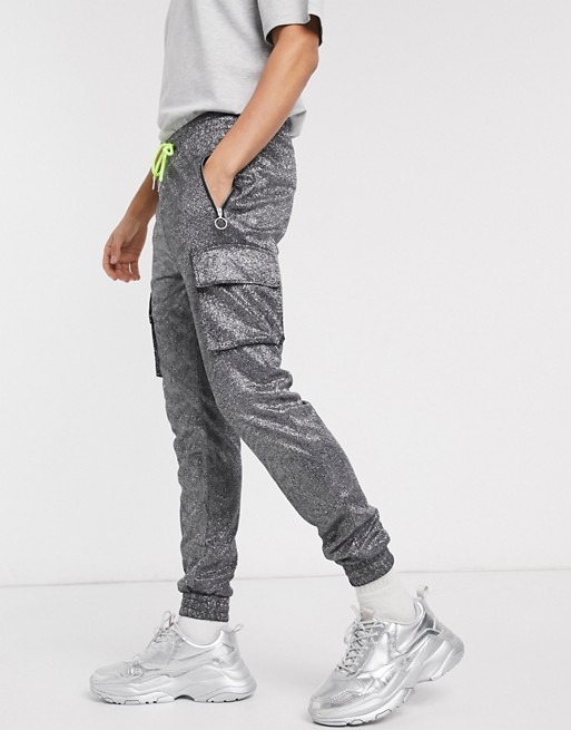 One Above Another glitter fabric cargo pant in black