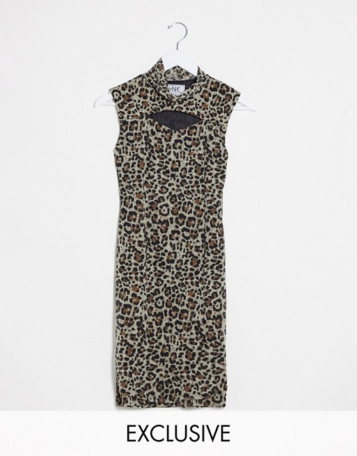 One Above Another high neck bodycon mini dress with cut out in leopard mesh