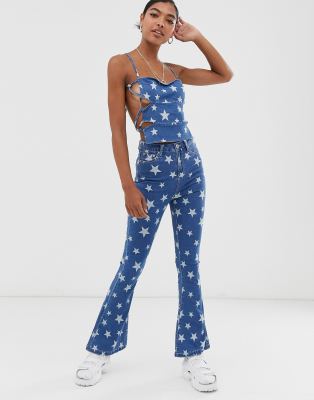 star print flare jeans