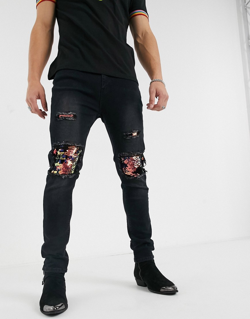 One Above Another - Jeans skinny con strappi al ginocchio e paillettes nere e oro-Nero