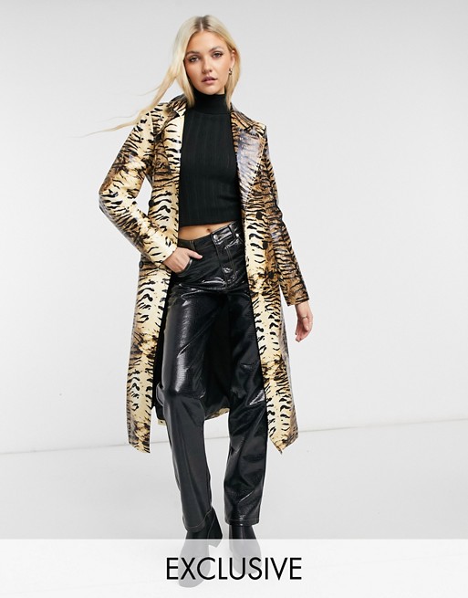 One Above Another longline belted trench jacket in pu tiger print