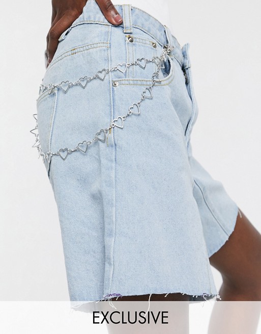 One Above Another longline mom shorts in vintage denim with heart chain