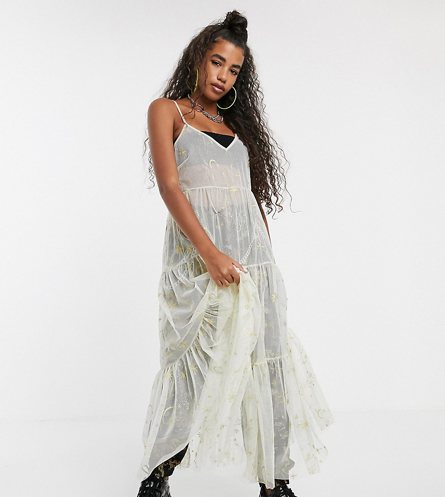 One Above Another - Midaxi-cami-kjole med stjerneprint mesh-Guld