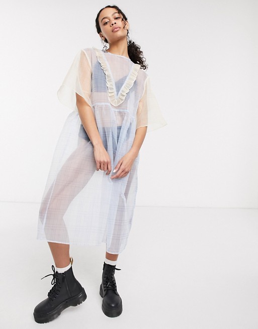 One Above Another midaxi smock dress with ruffles in mixed sheer gingham