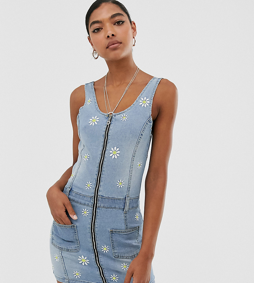 One Above Another mini dress with daisy embroidery in vintage wash denim-Blue