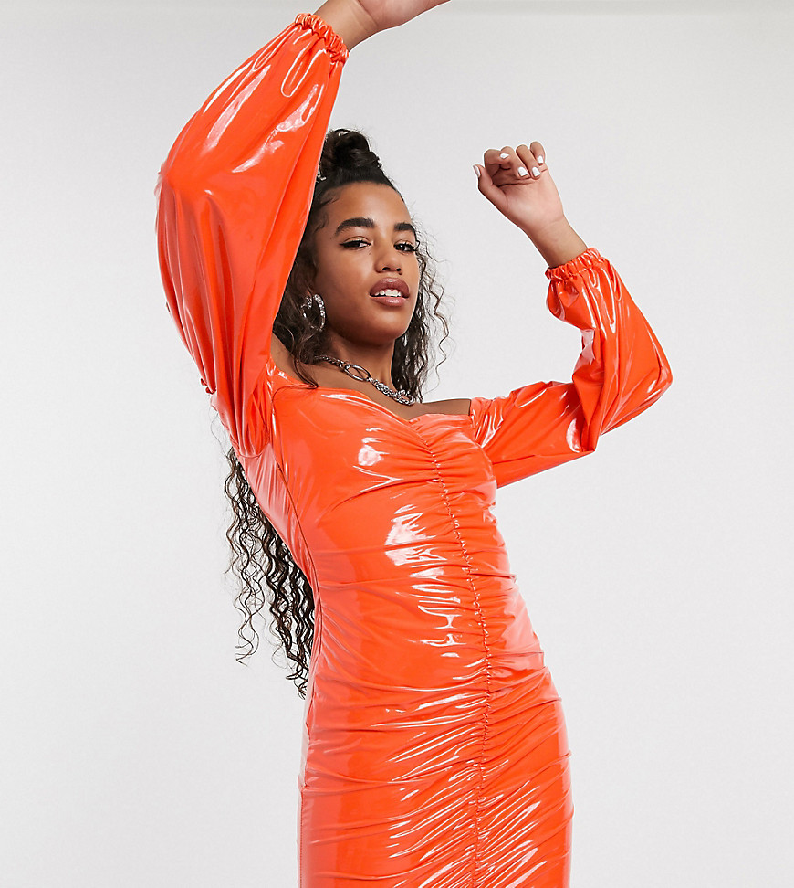 One Above Another off shoulder ruched mini dress with balloon sleeves in vinyl-Orange