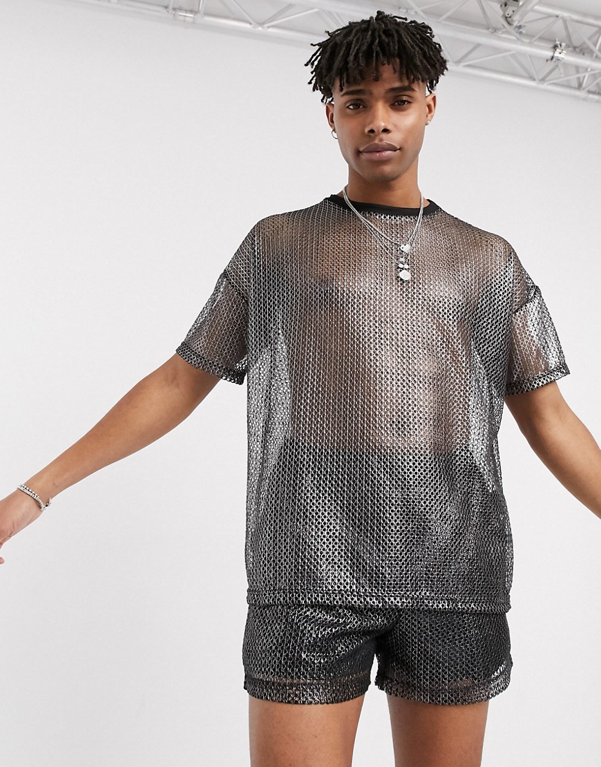 One Above Another - Oversized mesh T-shirt combi-set in metallic zilver