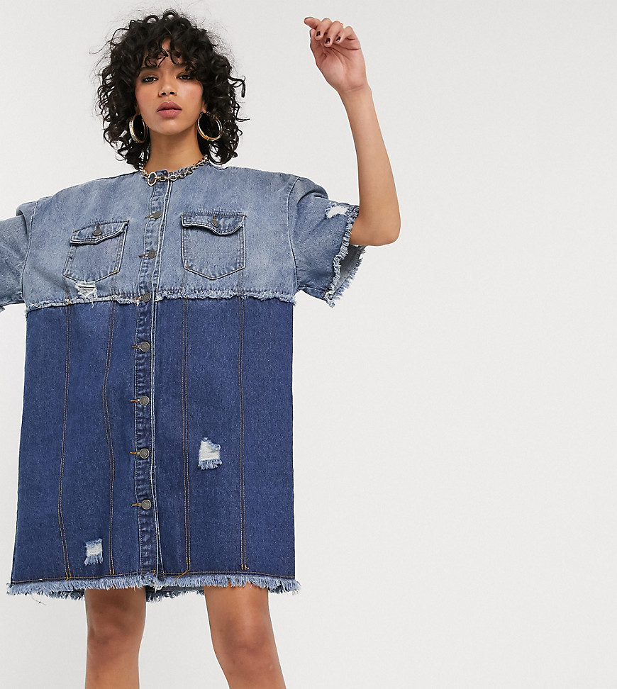 One Above Another oversized shirt dress in deconstructed denim-Blue