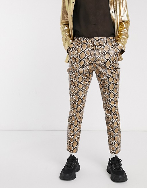 One Above Another patent brown snake straight leg trouser