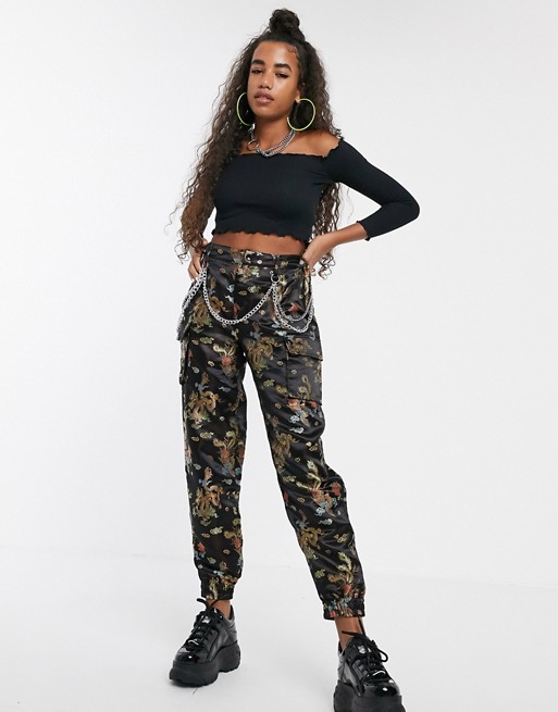 One Above Another relaxed cargo trousers with chain in dragon jacquard