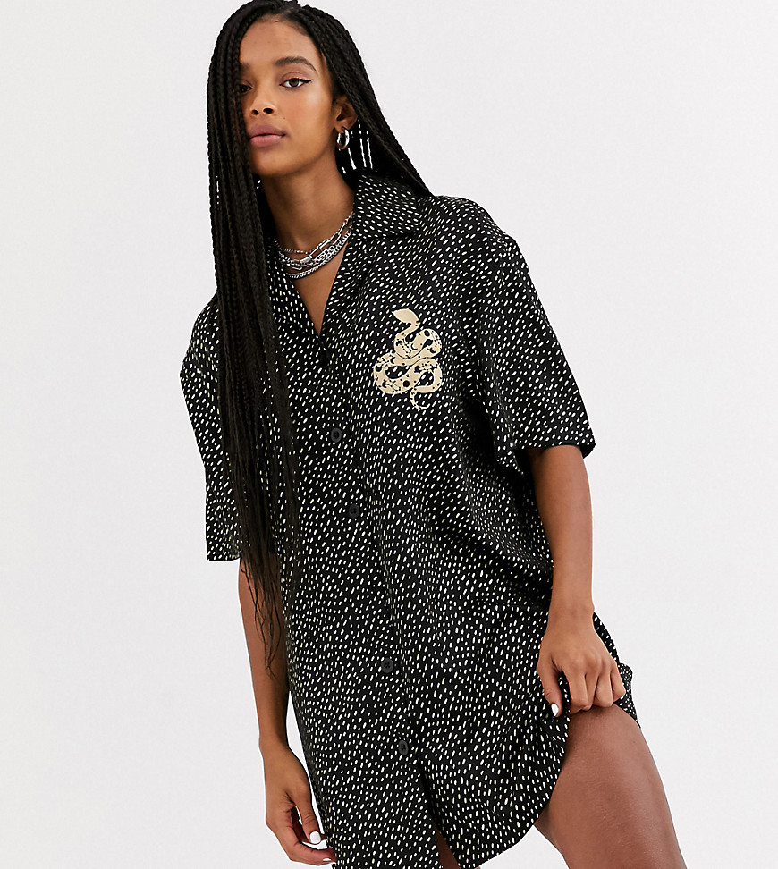 One Above Another relaxed shirt dress with snake moon embroidery-Black