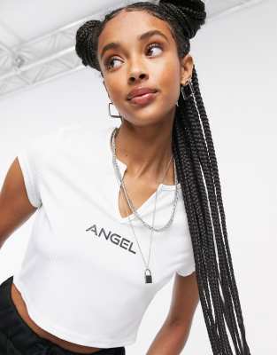 One Above Another ribbed cropped t-shirt with cut out neck & angel graphic-White