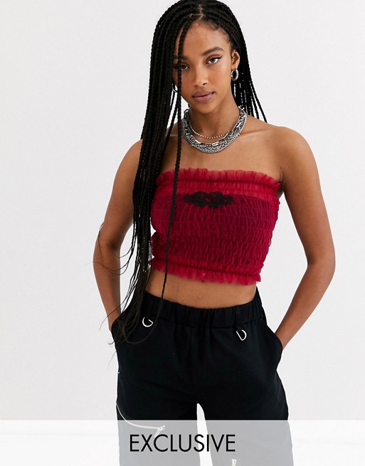 One Above Another ruched crop bandeau top with scorpion embroidery
