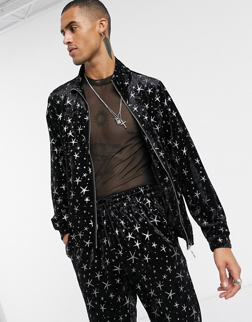 One Above Another stars velour track jacket in black