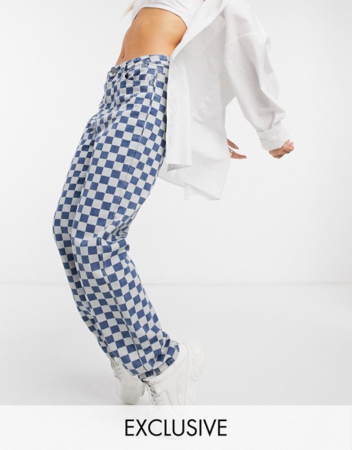 One Above Another straight leg jeans in checkerboard denim