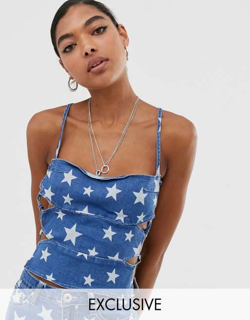 One Above Another strappy top & flare jeans in star print denim co-ord, 2 of 3