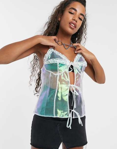 One Above Another tie front cami top in luxe iridescent organza with ruffle trim