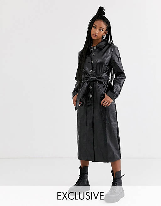 One Above Another - Trench-coat à ceinture en imitation croco - Noir