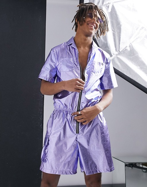 One Above Another utility shorts jumpsuit in metallic purple