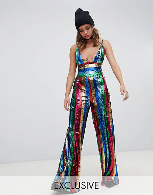 One Above Another wide leg plunge jumpsuit in rainbow stripe sequin | ASOS