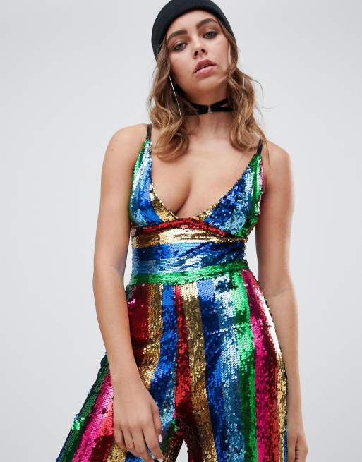 One Above Another wide leg plunge jumpsuit in rainbow stripe sequin