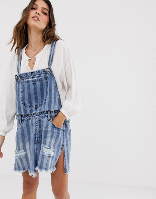 One Teaspoon dungaree dress in stripe with distressing