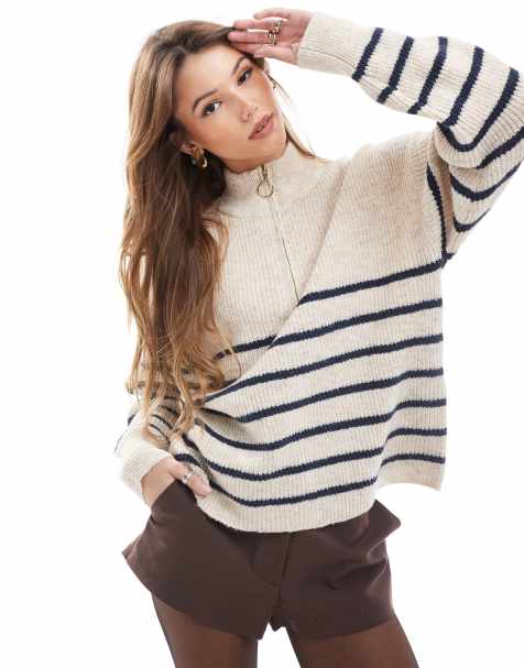 ONLY 1/4 zip jumper in beige stripe - view 1