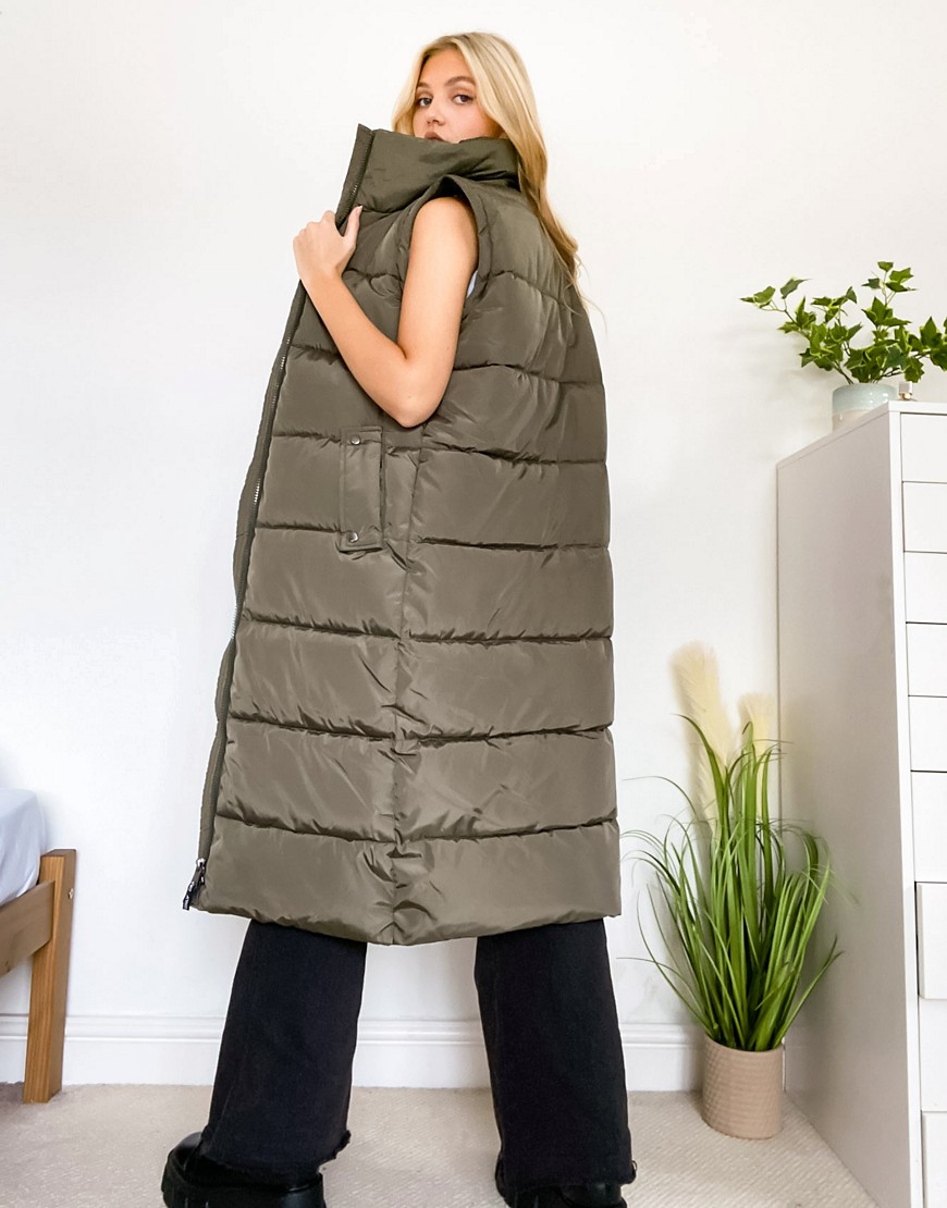 Only 2 in 1 padded longline coat with detachable sleeves in khaki-Green