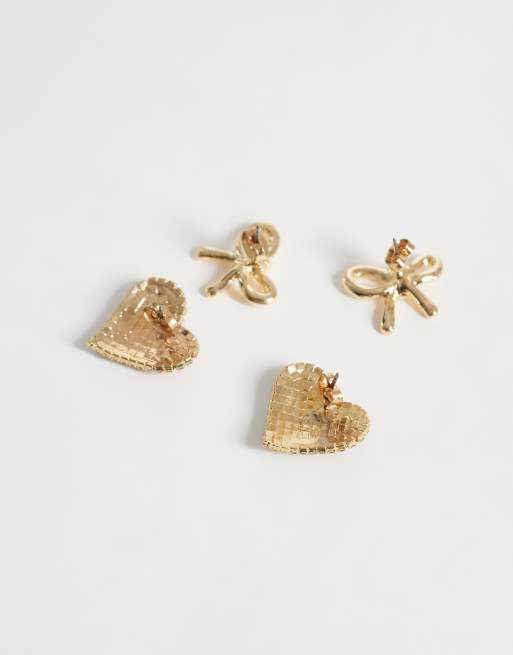 ONLY 2-pack bow & heart earrings in gold, 3 of 4