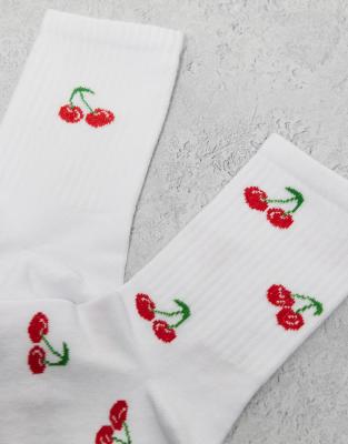 Only 2-pack Cherry Embroidery Socks In White