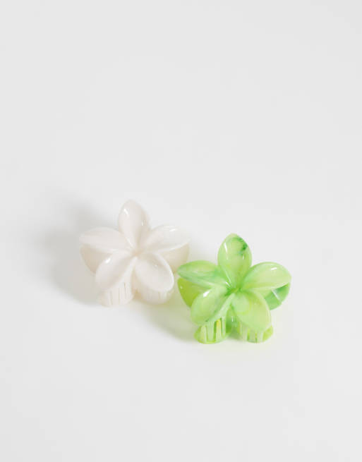 ONLY 2-pack flower hair claw clips in white & green, 3 of 3