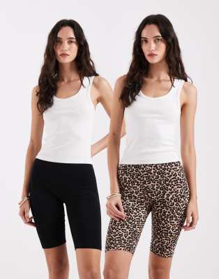 ONLY 2 pack legging shorts in black & leopard print