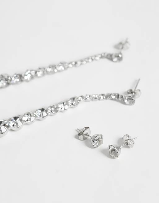ONLY 2-pack long drop earrings in silver with studs, 3 of 4