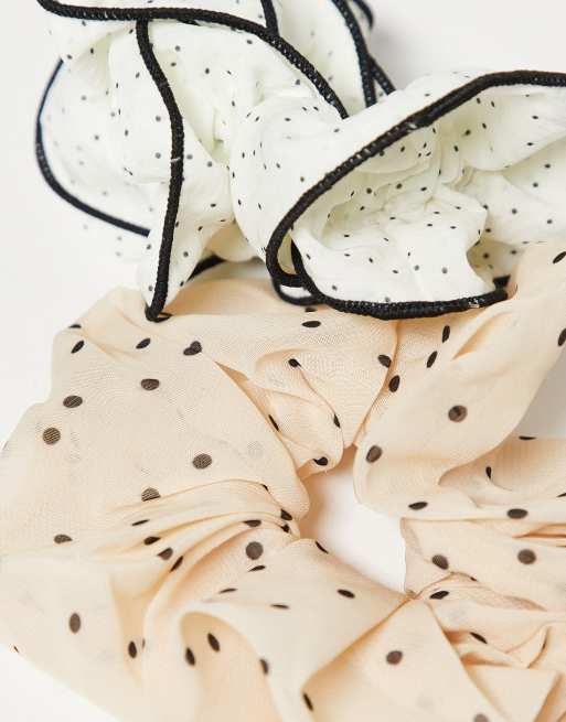 ONLY 2-pack polka dots scrunchies in beige & white, 2 of 3