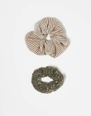 ONLY 2-pack scrunchies in beige & gold glitter-Black