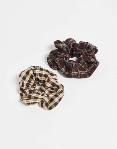 ONLY 2-pack scrunchies in brown & burgundy checks - view 1