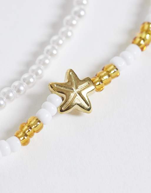 ONLY 2-pack starfish beaded necklaces in white and gold, 3 of 4