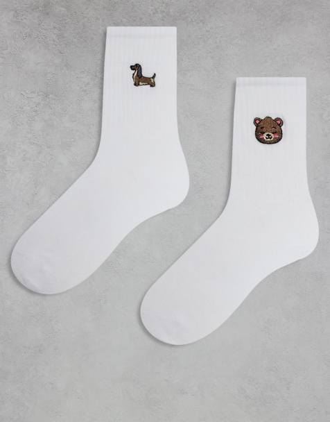 ONLY 2-pack teddy bear & dog embroidery socks in white - view 1