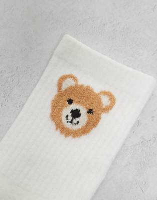 Only 2-pack Teddy Bear Embroidery Socks In White