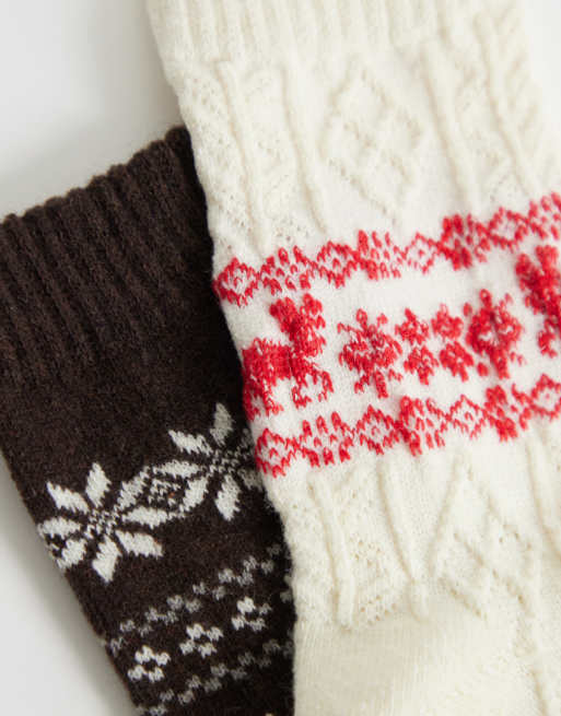 ONLY 2er-Pack gestrickte Argyle-Socken in Braun und Creme, 2 von 3