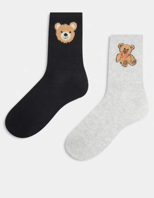 Only - 2er-Pack Socken in Schwarz und Hellgrau mit Teddybärstickerei