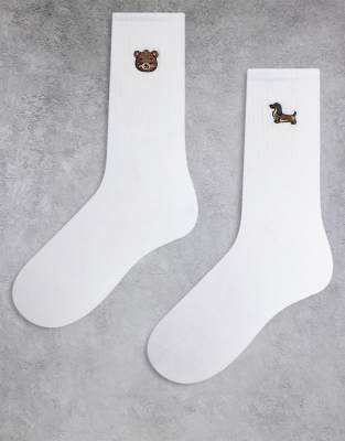 ONLY - 2er-Pack Socken in Weiß mit aufgesticktem Teddybär und Dackel