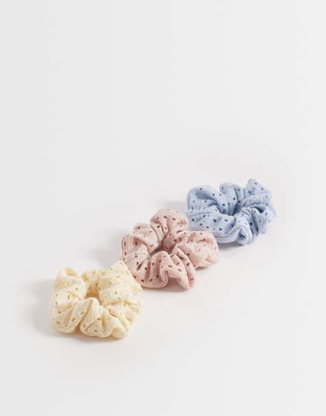 ONLY 3-pack eyelet scrunchies in light blue, pink & yellow - view 1