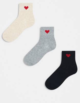 Only 3-pack Heart Socks In Black, Beige & Gray-multi