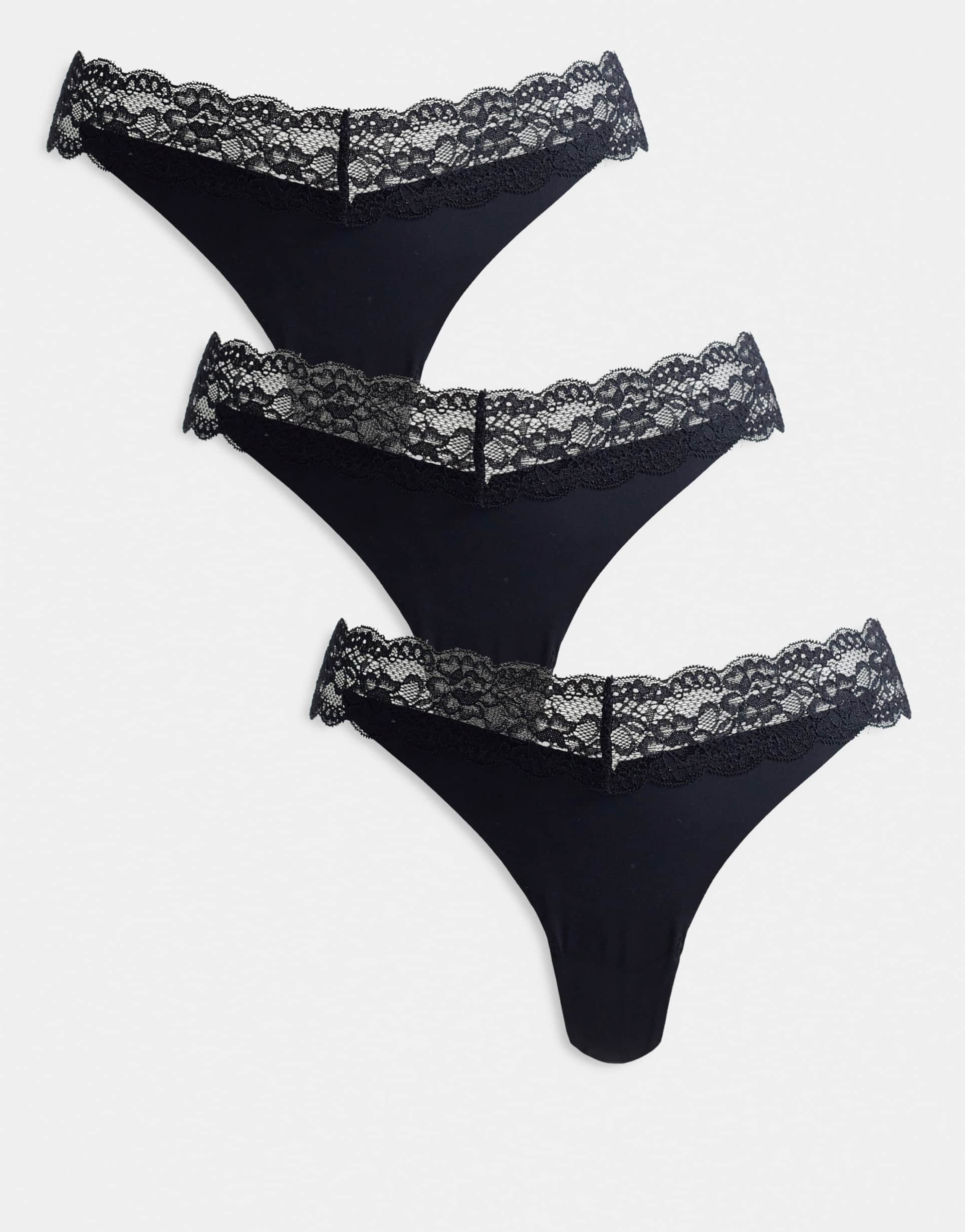only 3 pack lace trim seamless thong in black