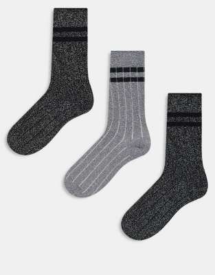 ONLY ONLY 3-pack stripe socks in dark grey silver