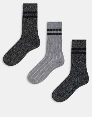 ONLY - 3er-Pack gestreifte Socken in Dunkelgrau und Silber