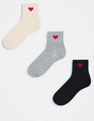 ONLY - 3er-Pack Socken in Schwarz, Beige und Grau mit Herzmotiv-Bunt