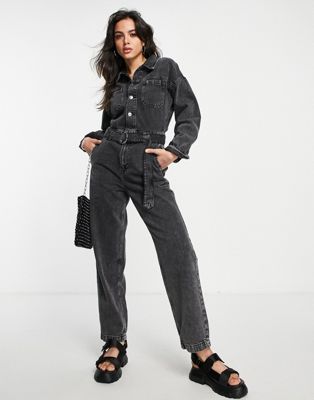 Only 70's denim jumpsuit with wide leg in grey