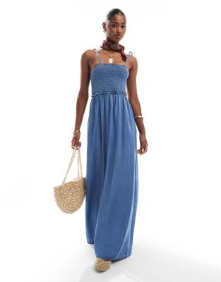 ONLY - Aangerimpelde denim maxi-jurk in middenblauw - view 1